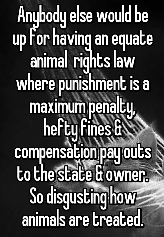 Anybody else would be up for having an equate animal  rights law where punishment is a maximum penalty, hefty fines & compensation pay outs to the state & owner. So disgusting how animals are treated.