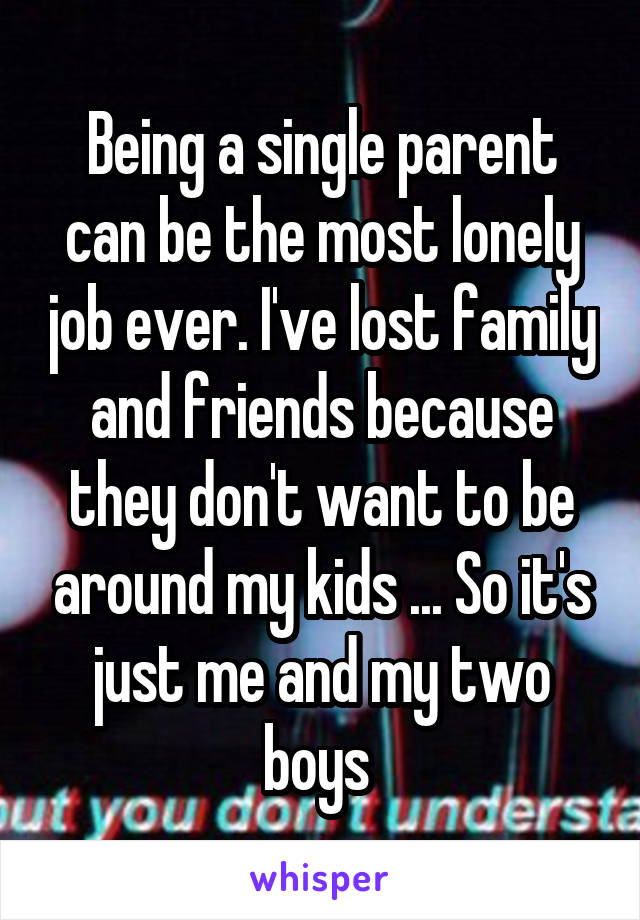 Being a single parent can be the most lonely job ever. I've lost family and friends because they don't want to be around my kids ... So it's just me and my two boys 