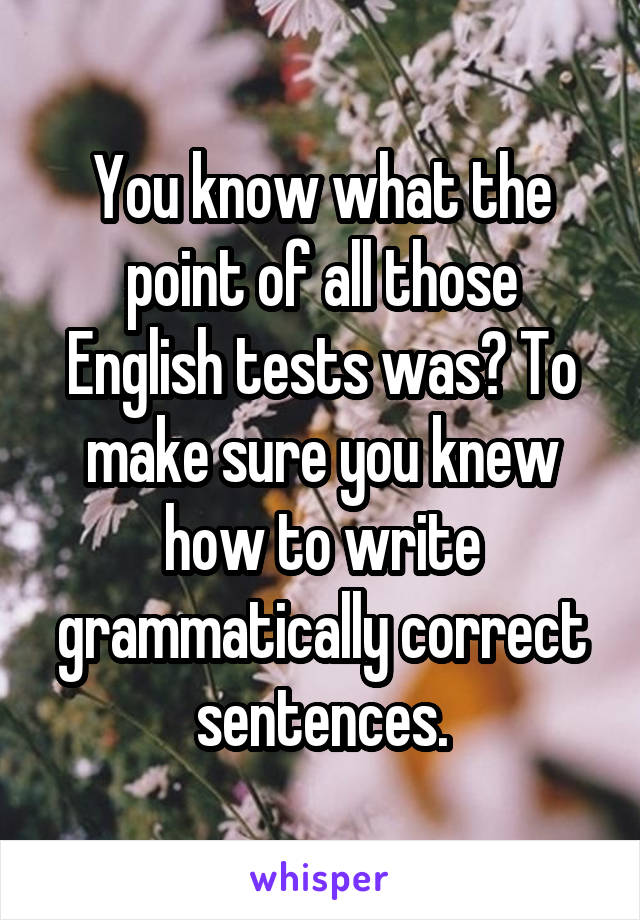 You know what the point of all those English tests was? To make sure you knew how to write grammatically correct sentences.