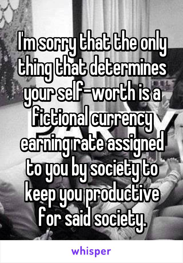 I'm sorry that the only thing that determines your self-worth is a fictional currency earning rate assigned to you by society to keep you productive for said society.