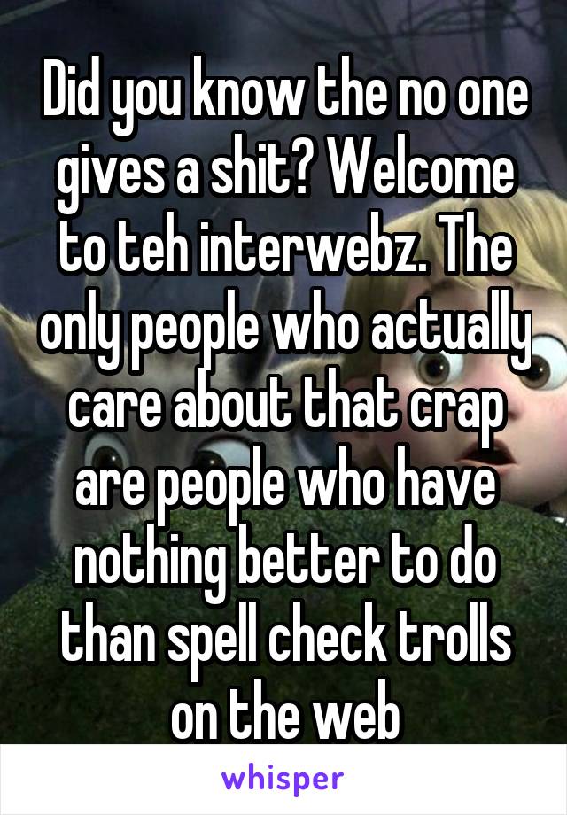 Did you know the no one gives a shit? Welcome to teh interwebz. The only people who actually care about that crap are people who have nothing better to do than spell check trolls on the web