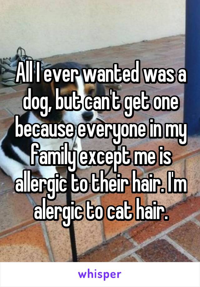 All I ever wanted was a dog, but can't get one because everyone in my family except me is allergic to their hair. I'm alergic to cat hair.