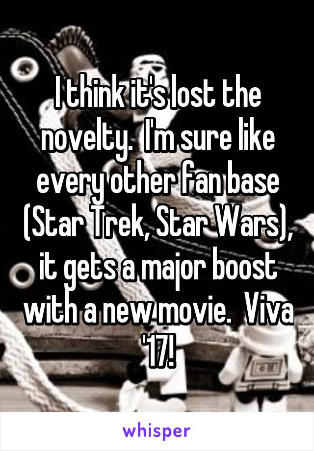 I think it's lost the novelty.  I'm sure like every other fan base (Star Trek, Star Wars), it gets a major boost with a new movie.  Viva '17!