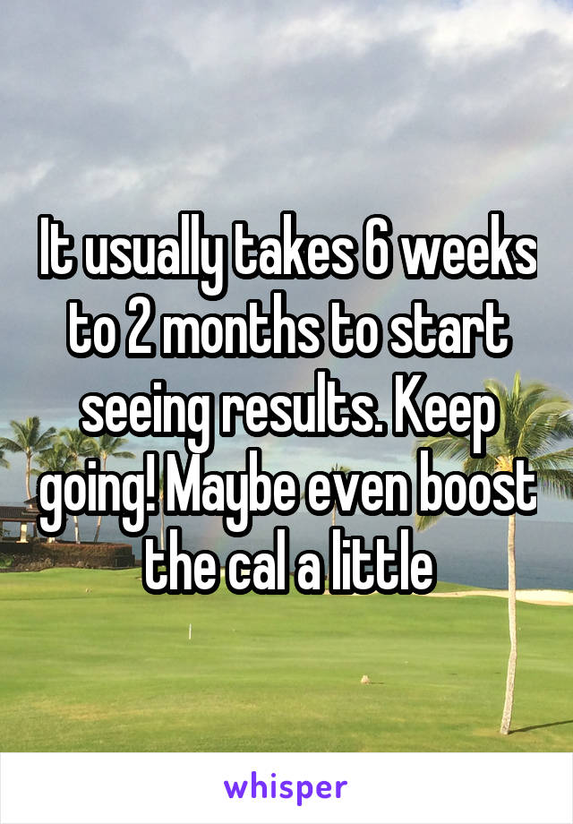It usually takes 6 weeks to 2 months to start seeing results. Keep going! Maybe even boost the cal a little