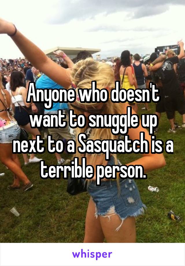 Anyone who doesn't want to snuggle up next to a Sasquatch is a terrible person.