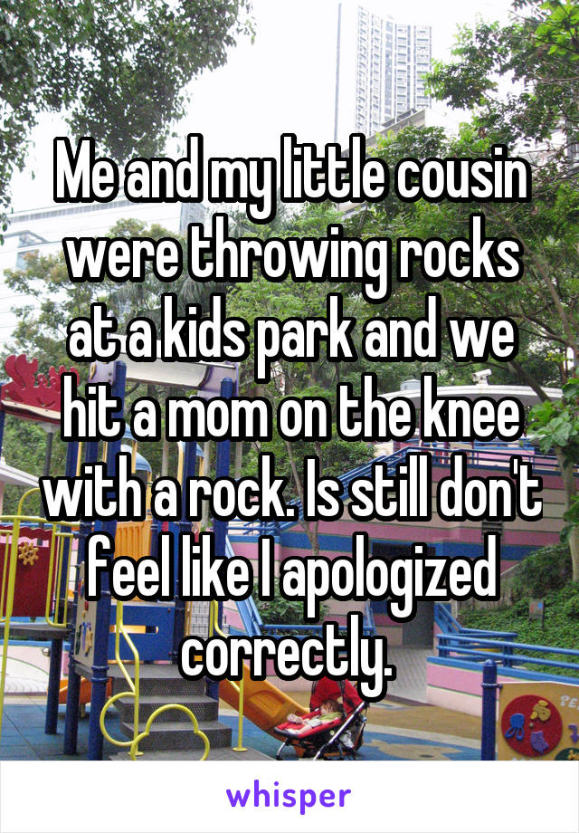 Me and my little cousin were throwing rocks at a kids park and we hit a mom on the knee with a rock. Is still don't feel like I apologized correctly. 