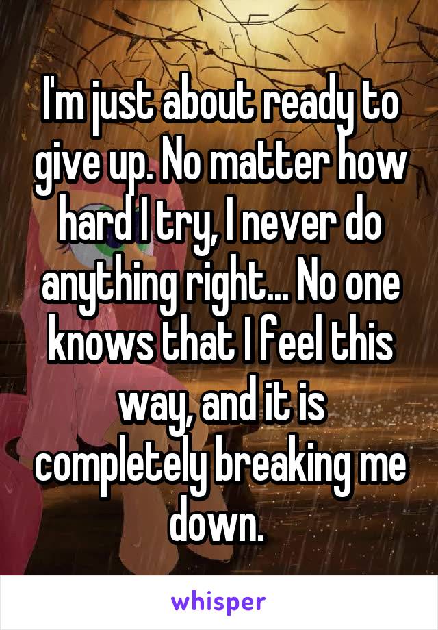 I'm just about ready to give up. No matter how hard I try, I never do anything right... No one knows that I feel this way, and it is completely breaking me down. 