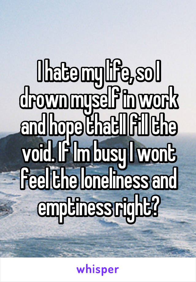 I hate my life, so I drown myself in work and hope thatll fill the void. If Im busy I wont feel the loneliness and emptiness right?