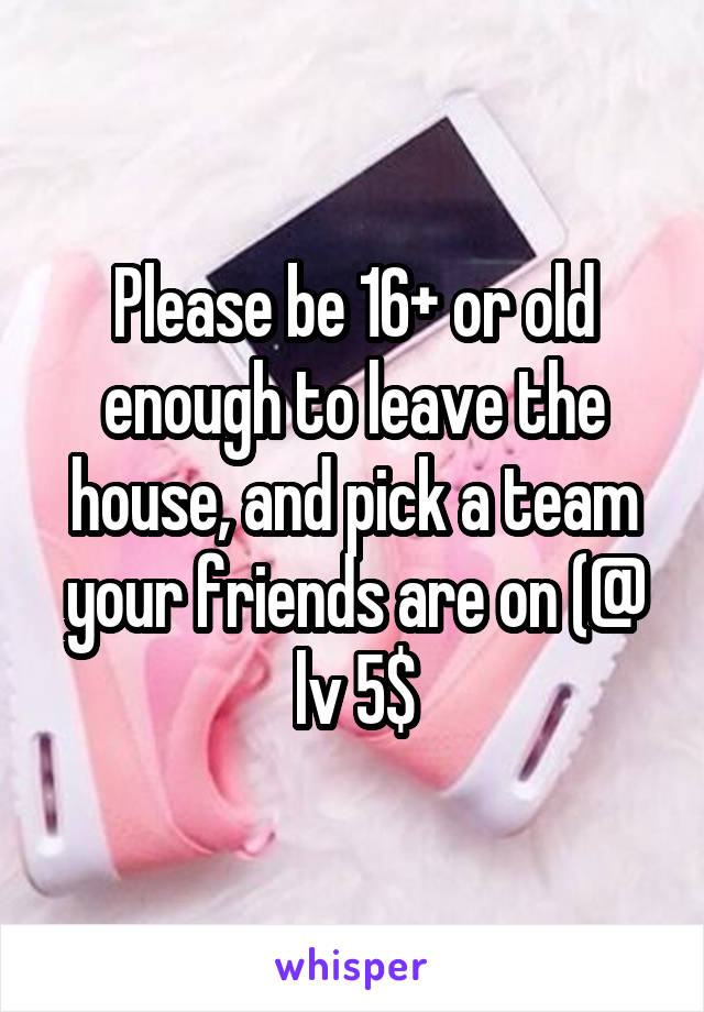 Please be 16+ or old enough to leave the house, and pick a team your friends are on (@ lv 5$