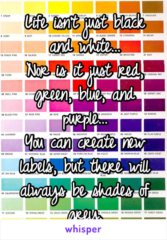 Life isn't just black and white...
Nor is it just red, green, blue, and purple...
You can create new labels, but there will always be shades of grey.