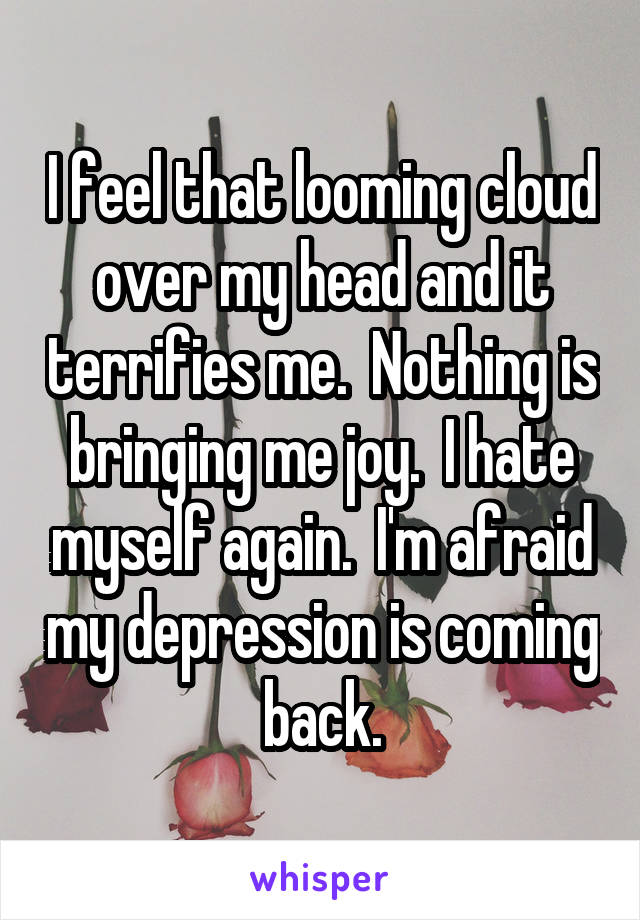 I feel that looming cloud over my head and it terrifies me.  Nothing is bringing me joy.  I hate myself again.  I'm afraid my depression is coming back.