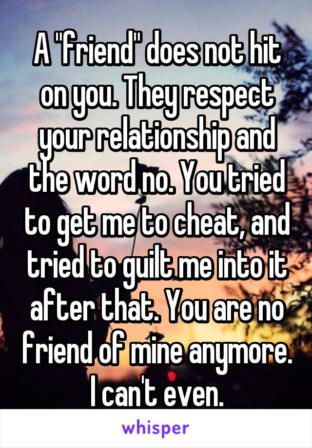 A "friend" does not hit on you. They respect your relationship and the word no. You tried to get me to cheat, and tried to guilt me into it after that. You are no friend of mine anymore. I can't even.