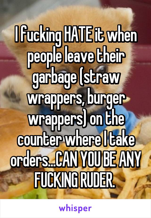 I fucking HATE it when people leave their garbage (straw wrappers, burger wrappers) on the counter where I take orders...CAN YOU BE ANY FUCKING RUDER. 