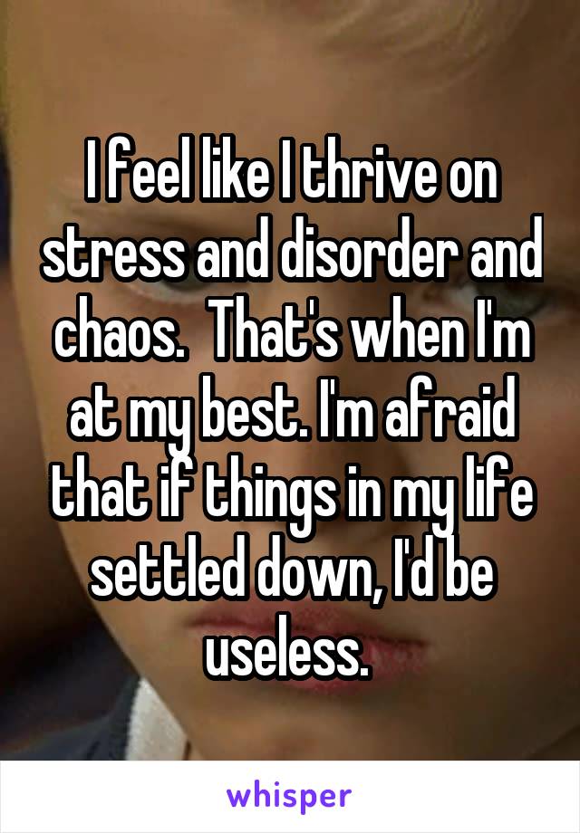 I feel like I thrive on stress and disorder and chaos.  That's when I'm at my best. I'm afraid that if things in my life settled down, I'd be useless. 