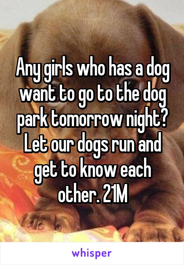 Any girls who has a dog want to go to the dog park tomorrow night? Let our dogs run and get to know each other. 21M
