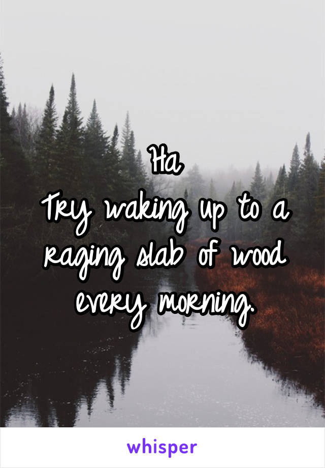 Ha
Try waking up to a raging slab of wood every morning.