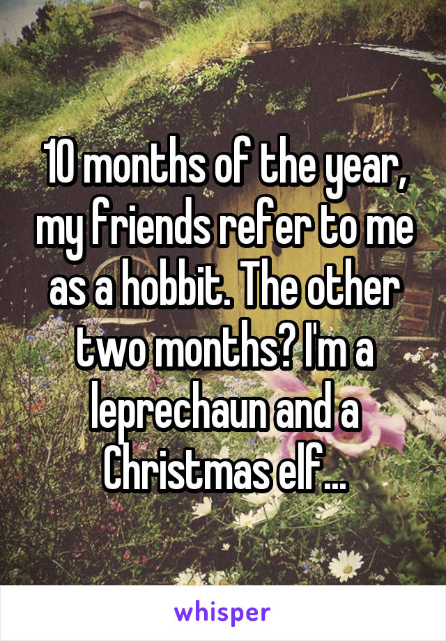 10 months of the year, my friends refer to me as a hobbit. The other two months? I'm a leprechaun and a Christmas elf...
