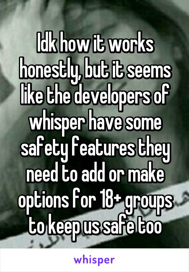 Idk how it works honestly, but it seems like the developers of whisper have some safety features they need to add or make options for 18+ groups to keep us safe too