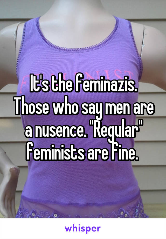 It's the feminazis. Those who say men are a nusence. "Regular" feminists are fine. 