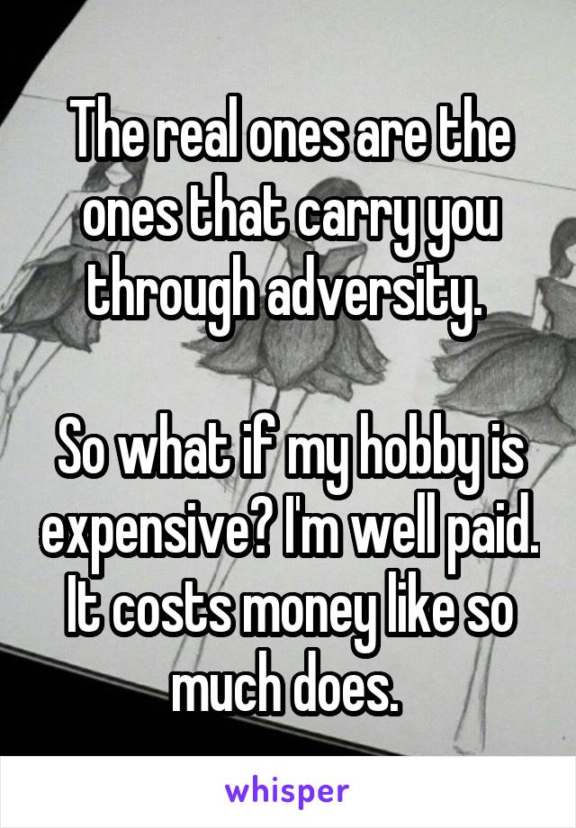 The real ones are the ones that carry you through adversity. 

So what if my hobby is expensive? I'm well paid. It costs money like so much does. 