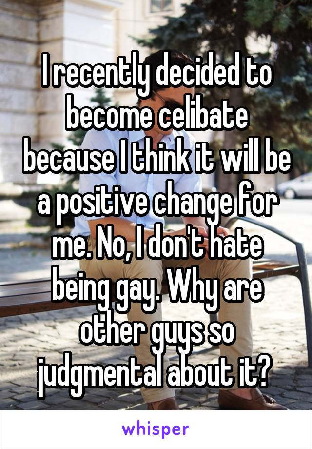 I recently decided to become celibate because I think it will be a positive change for me. No, I don't hate being gay. Why are other guys so judgmental about it? 