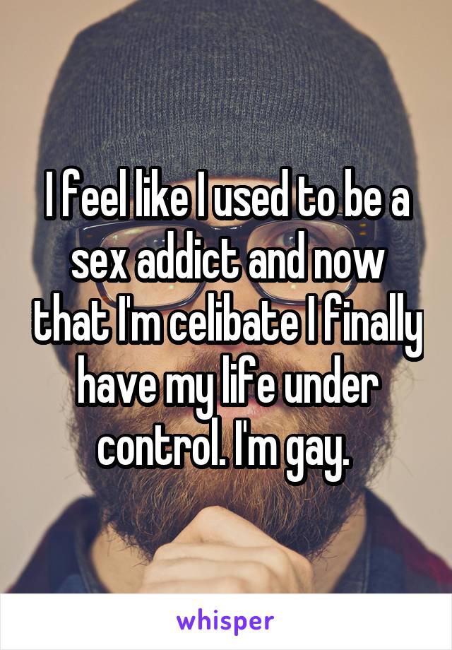 I feel like I used to be a sex addict and now that I'm celibate I finally have my life under control. I'm gay. 