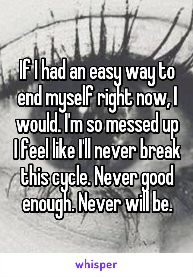 If I had an easy way to end myself right now, I would. I'm so messed up I feel like I'll never break this cycle. Never good enough. Never will be.