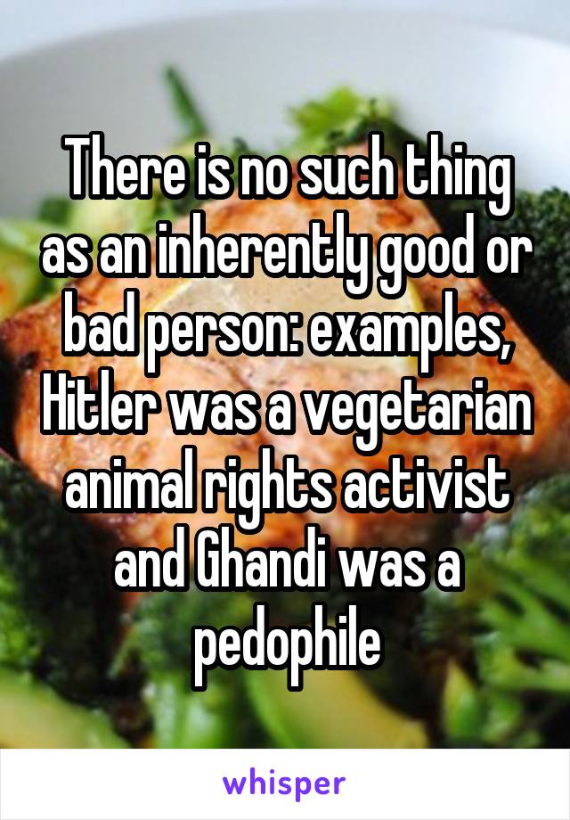 There is no such thing as an inherently good or bad person: examples, Hitler was a vegetarian animal rights activist and Ghandi was a pedophile