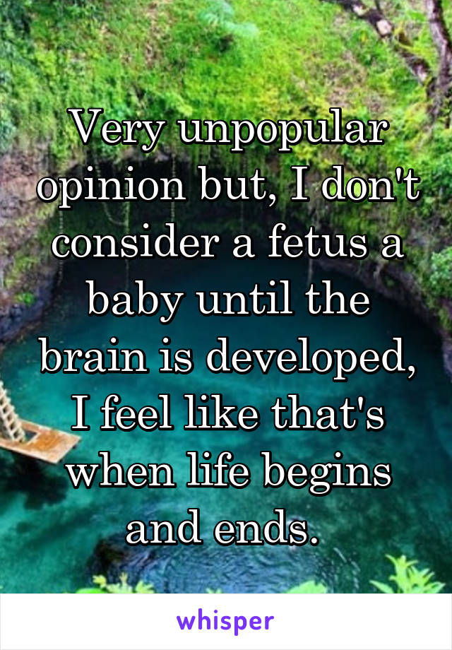 Very unpopular opinion but, I don't consider a fetus a baby until the brain is developed, I feel like that's when life begins and ends. 