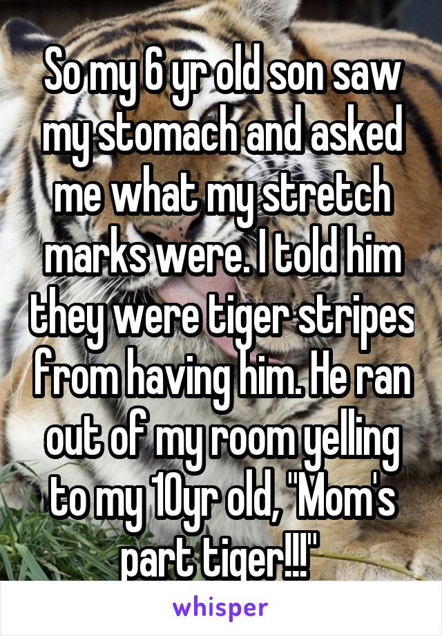 So my 6 yr old son saw my stomach and asked me what my stretch marks were. I told him they were tiger stripes from having him. He ran out of my room yelling to my 10yr old, "Mom's part tiger!!!" 