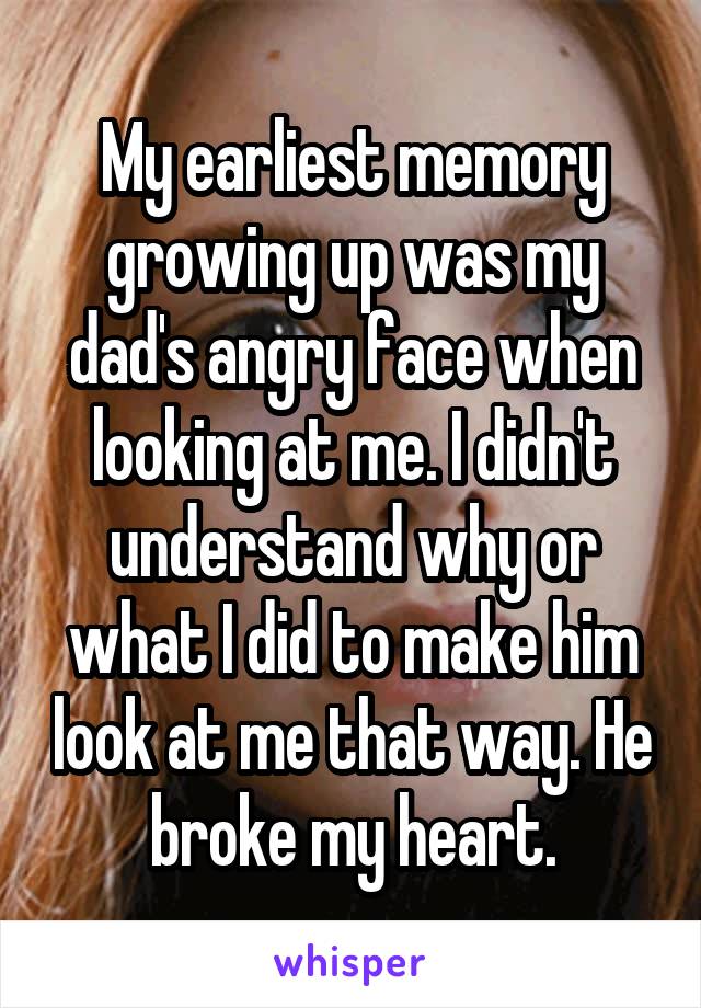 My earliest memory growing up was my dad's angry face when looking at me. I didn't understand why or what I did to make him look at me that way. He broke my heart.