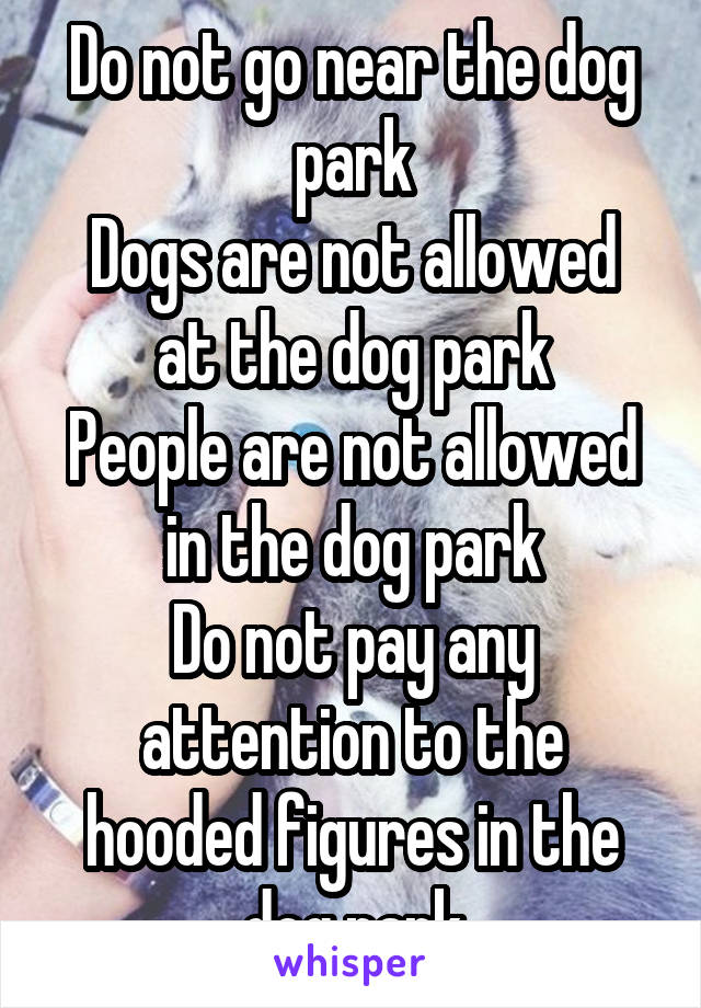 Do not go near the dog park
Dogs are not allowed at the dog park
People are not allowed in the dog park
Do not pay any attention to the hooded figures in the dog park