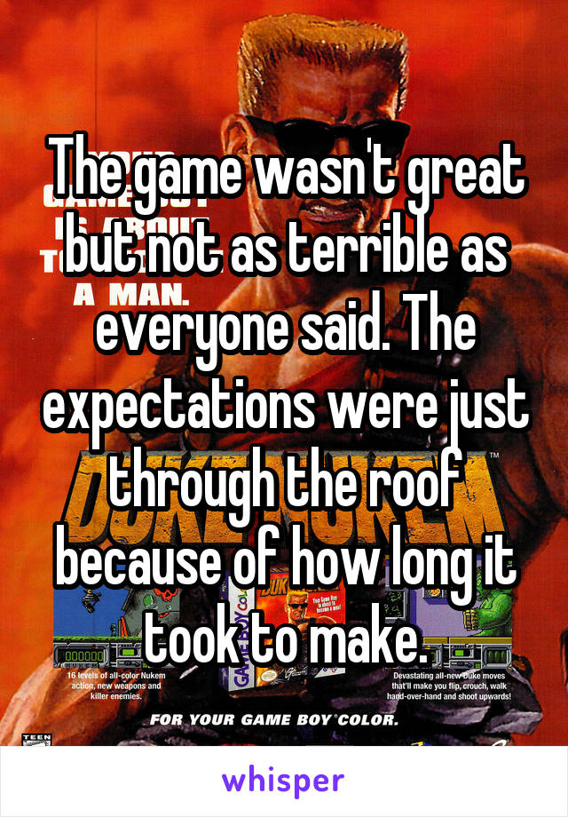 The game wasn't great but not as terrible as everyone said. The expectations were just through the roof because of how long it took to make.