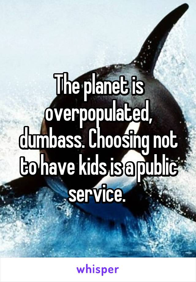 The planet is overpopulated, dumbass. Choosing not to have kids is a public service. 