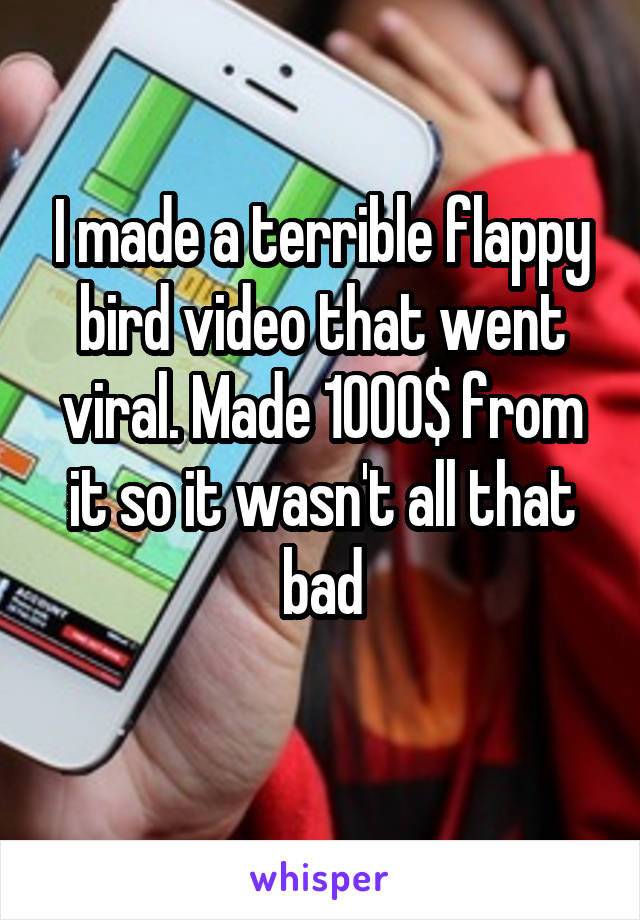 I made a terrible flappy bird video that went viral. Made 1000$ from it so it wasn't all that bad
