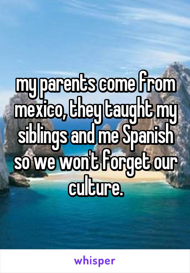 my parents come from mexico, they taught my siblings and me Spanish so we won't forget our culture.