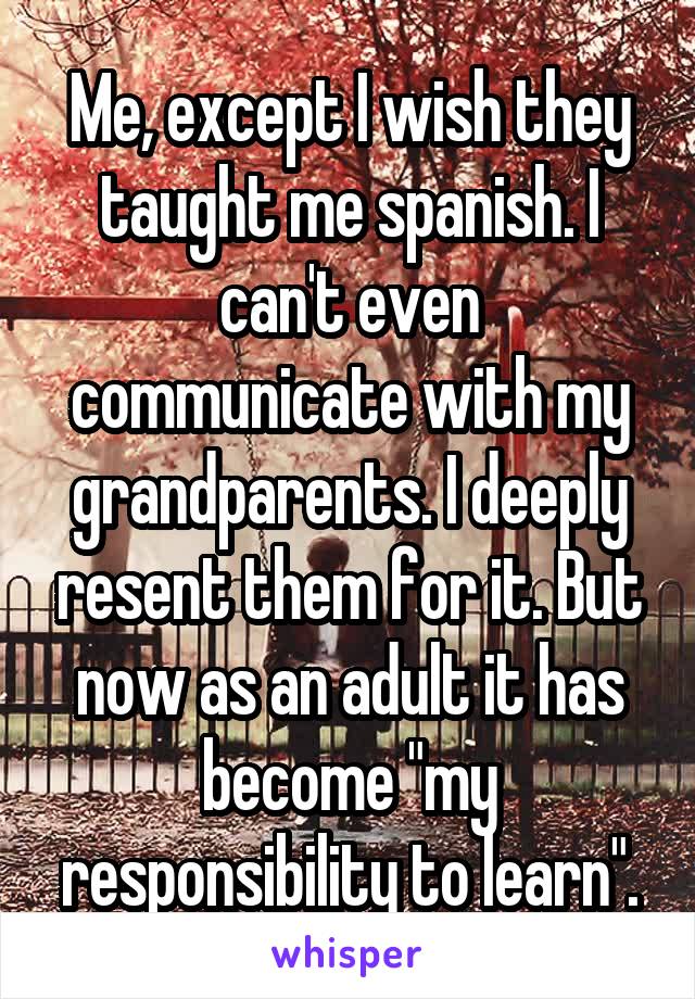 Me, except I wish they taught me spanish. I can't even communicate with my grandparents. I deeply resent them for it. But now as an adult it has become "my responsibility to learn".