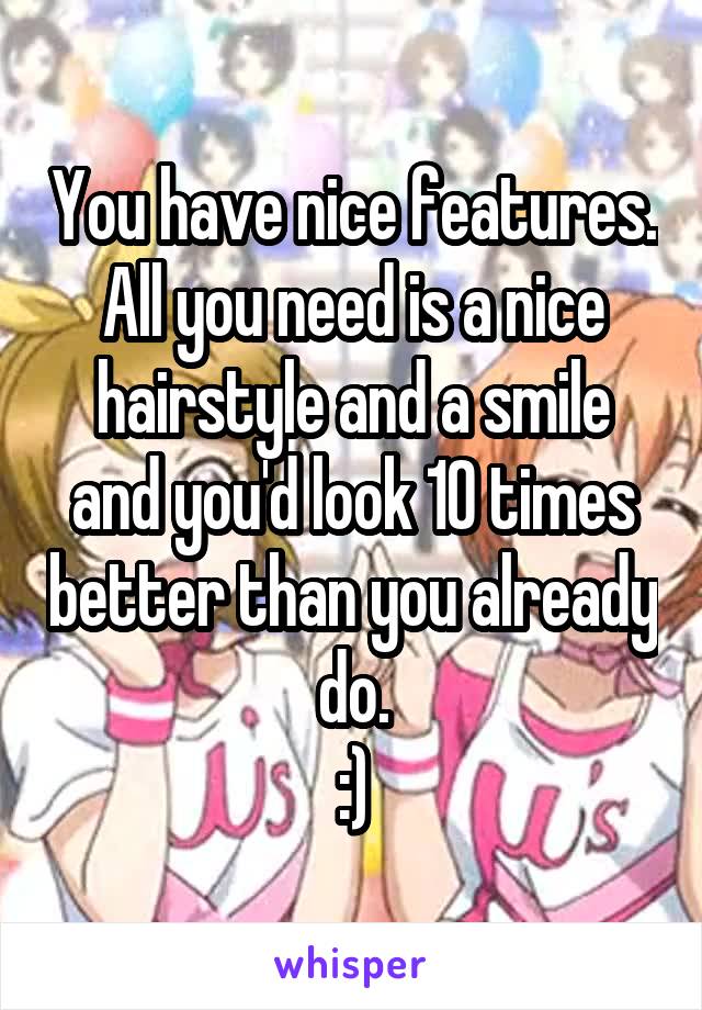 You have nice features. All you need is a nice hairstyle and a smile and you'd look 10 times better than you already do.
:)