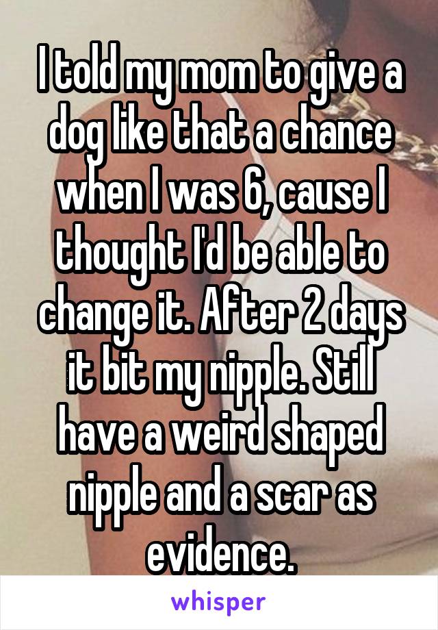 I told my mom to give a dog like that a chance when I was 6, cause I thought I'd be able to change it. After 2 days it bit my nipple. Still have a weird shaped nipple and a scar as evidence.