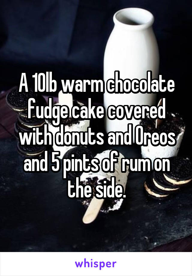 A 10lb warm chocolate fudge cake covered with donuts and Oreos and 5 pints of rum on the side.