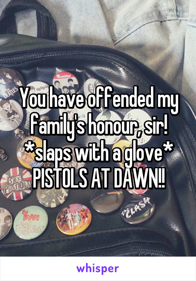 You have offended my family's honour, sir! *slaps with a glove* PISTOLS AT DAWN!!