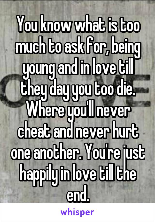 You know what is too much to ask for, being young and in love till they day you too die. Where you'll never cheat and never hurt one another. You're just happily in love till the end.