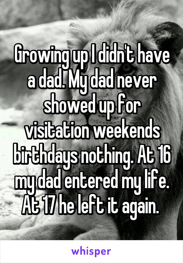 Growing up I didn't have a dad. My dad never showed up for visitation weekends birthdays nothing. At 16 my dad entered my life. At 17 he left it again. 
