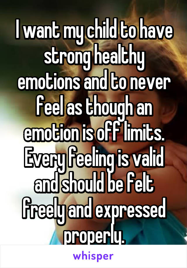 I want my child to have strong healthy emotions and to never feel as though an emotion is off limits. Every feeling is valid and should be felt freely and expressed properly.