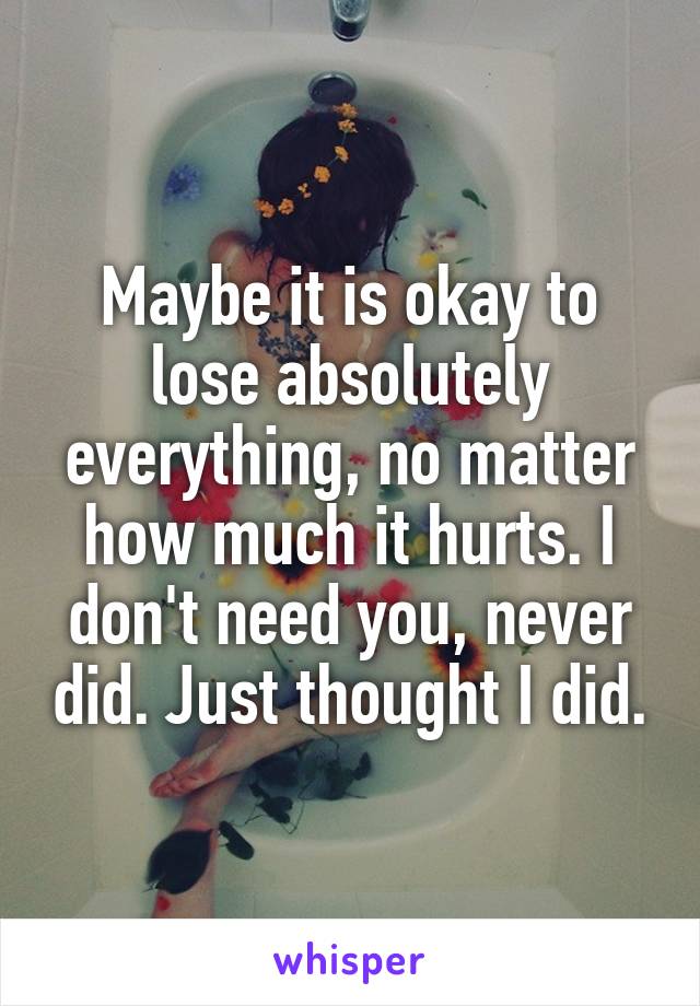 Maybe it is okay to lose absolutely everything, no matter how much it hurts. I don't need you, never did. Just thought I did.