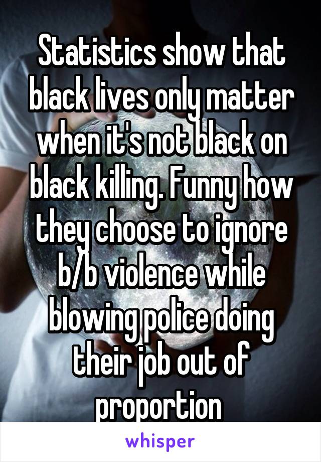 Statistics show that black lives only matter when it's not black on black killing. Funny how they choose to ignore b/b violence while blowing police doing their job out of proportion 