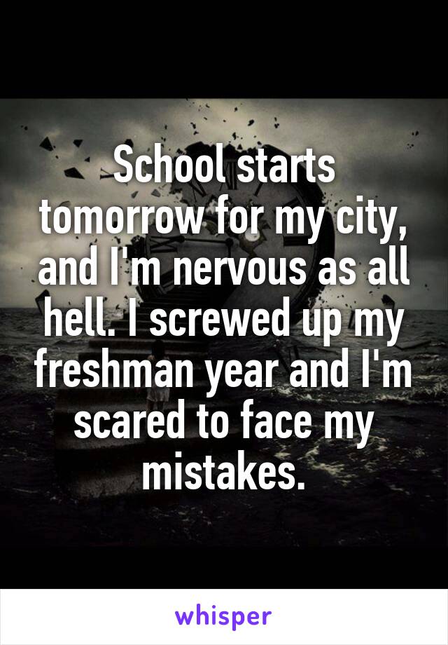 School starts tomorrow for my city, and I'm nervous as all hell. I screwed up my freshman year and I'm scared to face my mistakes.