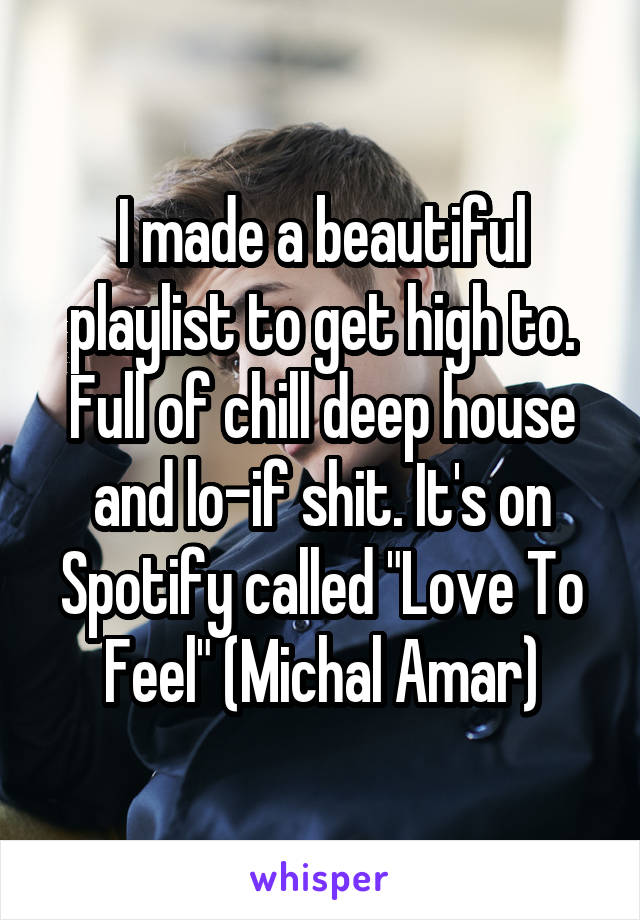 I made a beautiful playlist to get high to. Full of chill deep house and lo-if shit. It's on Spotify called "Love To Feel" (Michal Amar)
