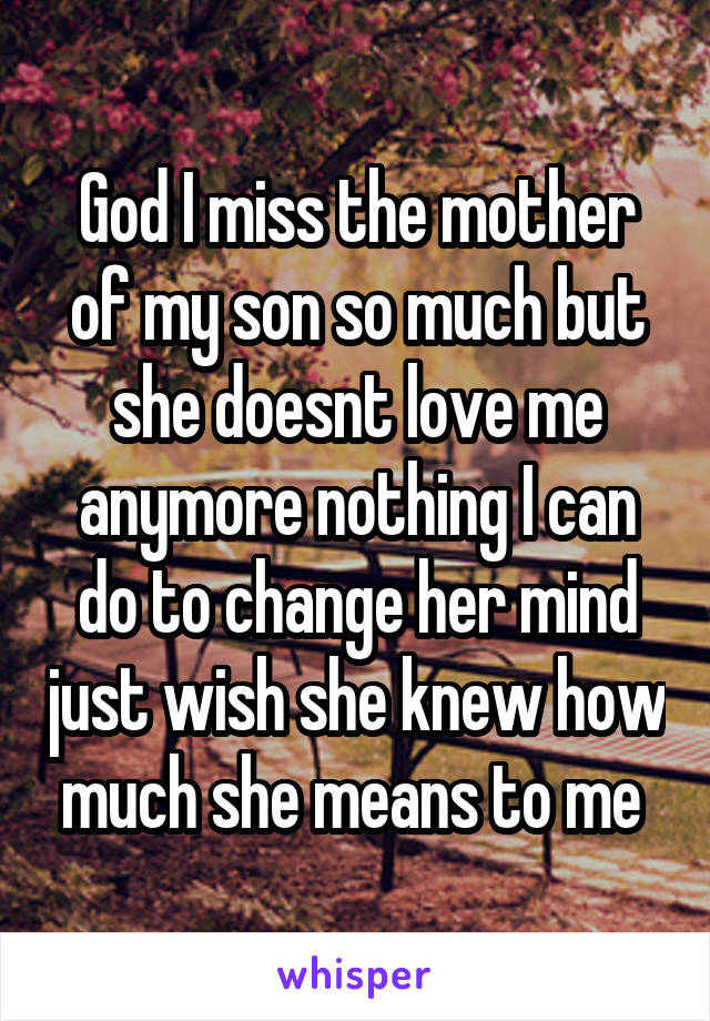 God I miss the mother of my son so much but she doesnt love me anymore nothing I can do to change her mind just wish she knew how much she means to me 