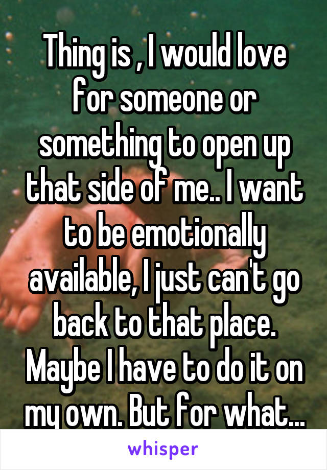 Thing is , I would love for someone or something to open up that side of me.. I want to be emotionally available, I just can't go back to that place. Maybe I have to do it on my own. But for what...